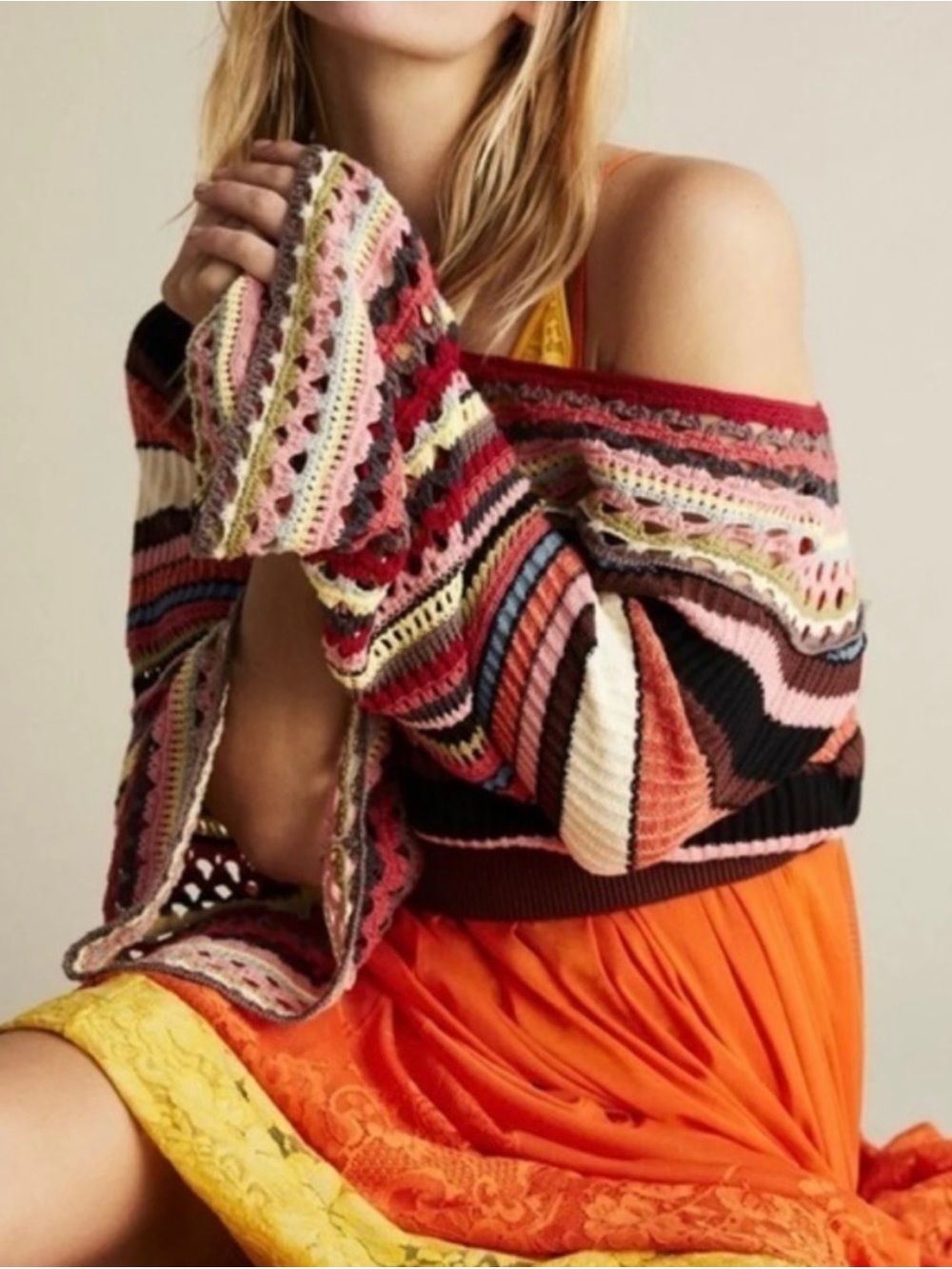 Free People Crochet Flared Sleeves Heart And Soul Sweater